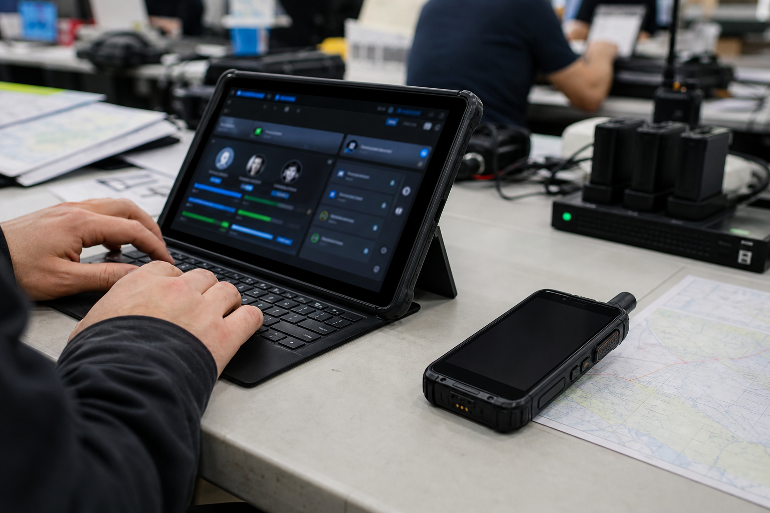 Temporary command post with tablet dispatch console and rugged PoC radio companion