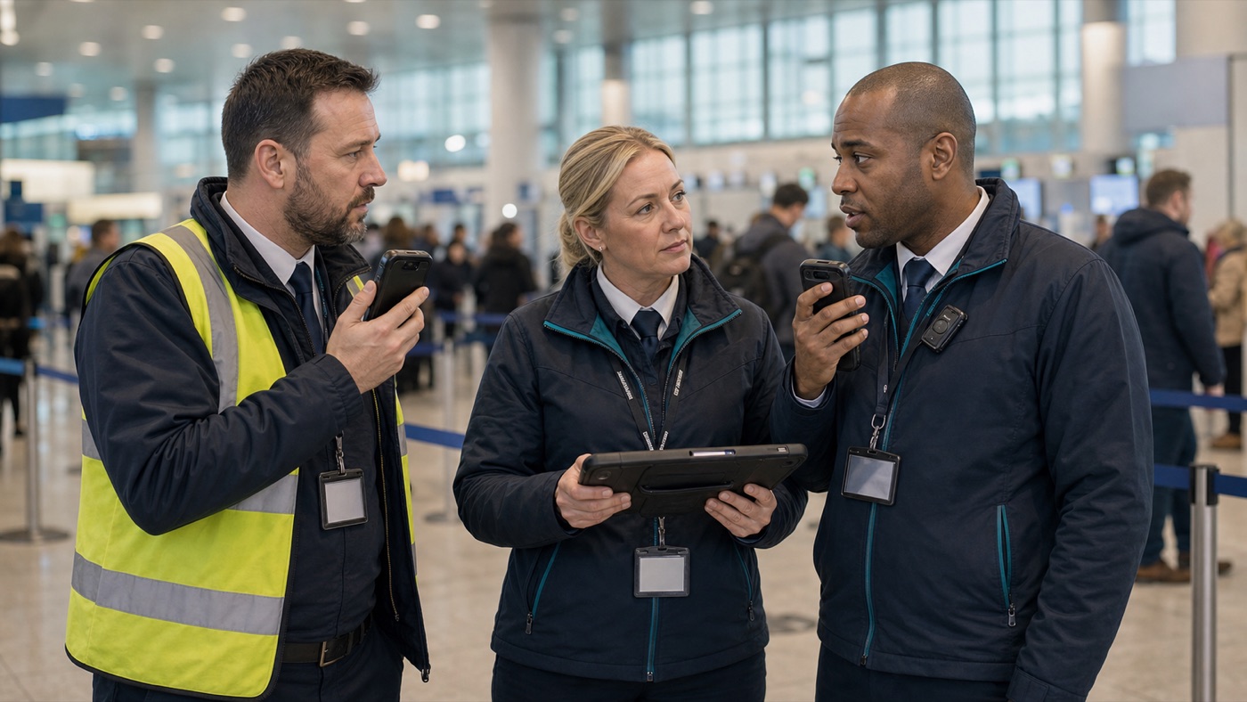 Airport operations team coordinating in a terminal with rugged PoC handsets