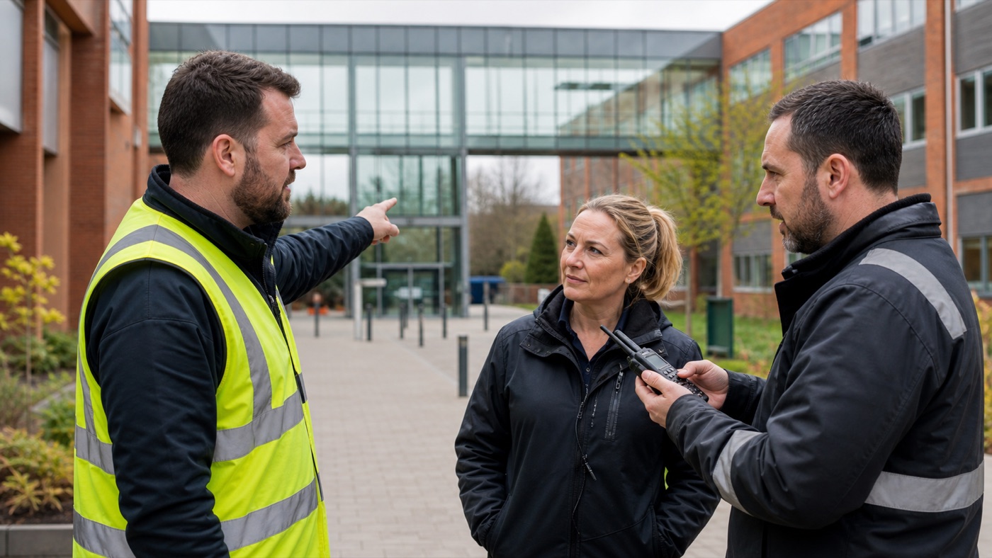 Campus facilities team coordinating across a modern site with compact PoC devices