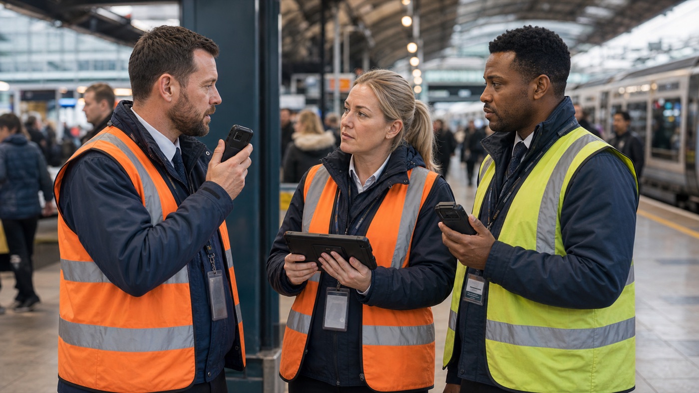 Rail station operations team coordinating in a busy transport environment