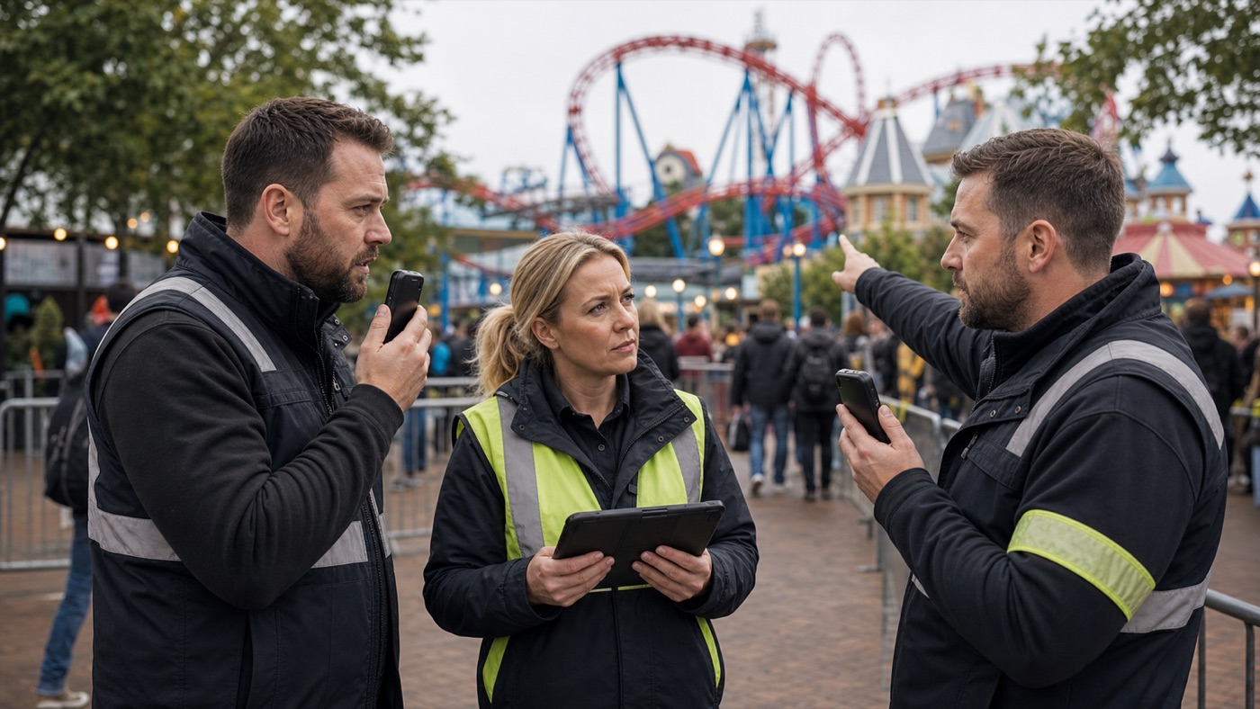 Theme park operations team coordinating guest flow with rugged PoC handsets