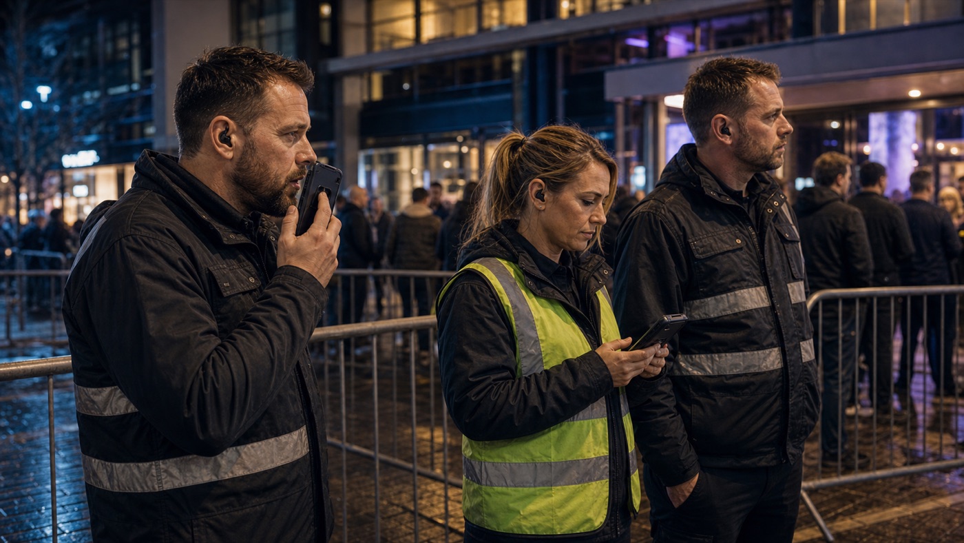 Venue operations team coordinating outside a busy entrance with rugged PoC handsets