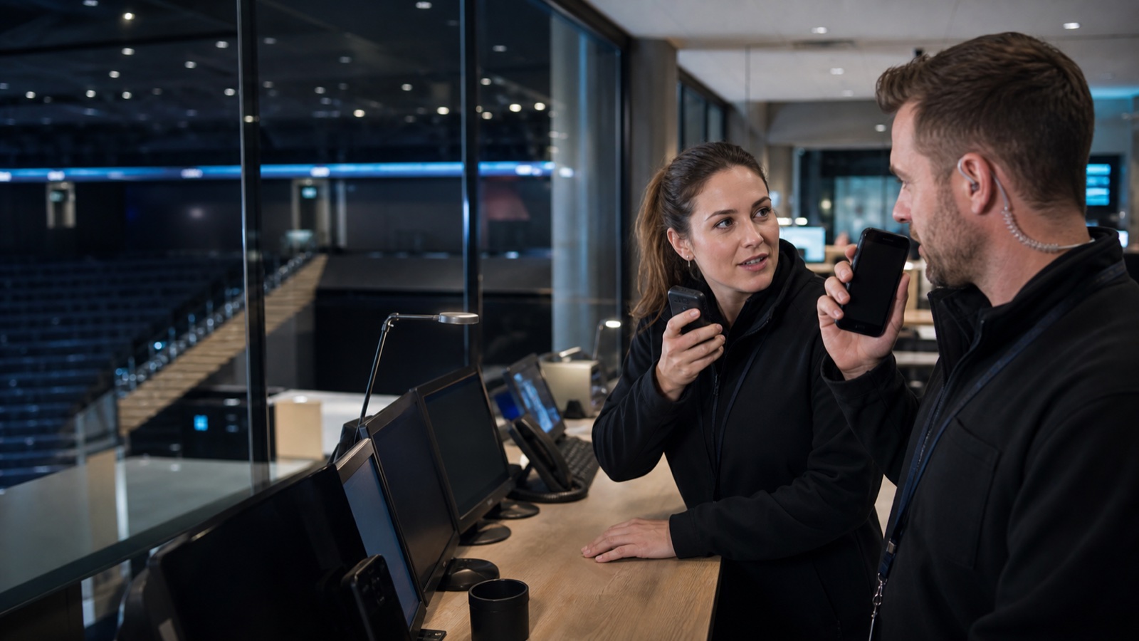 Control room team coordinating a live operation with rugged Android PoC handsets
