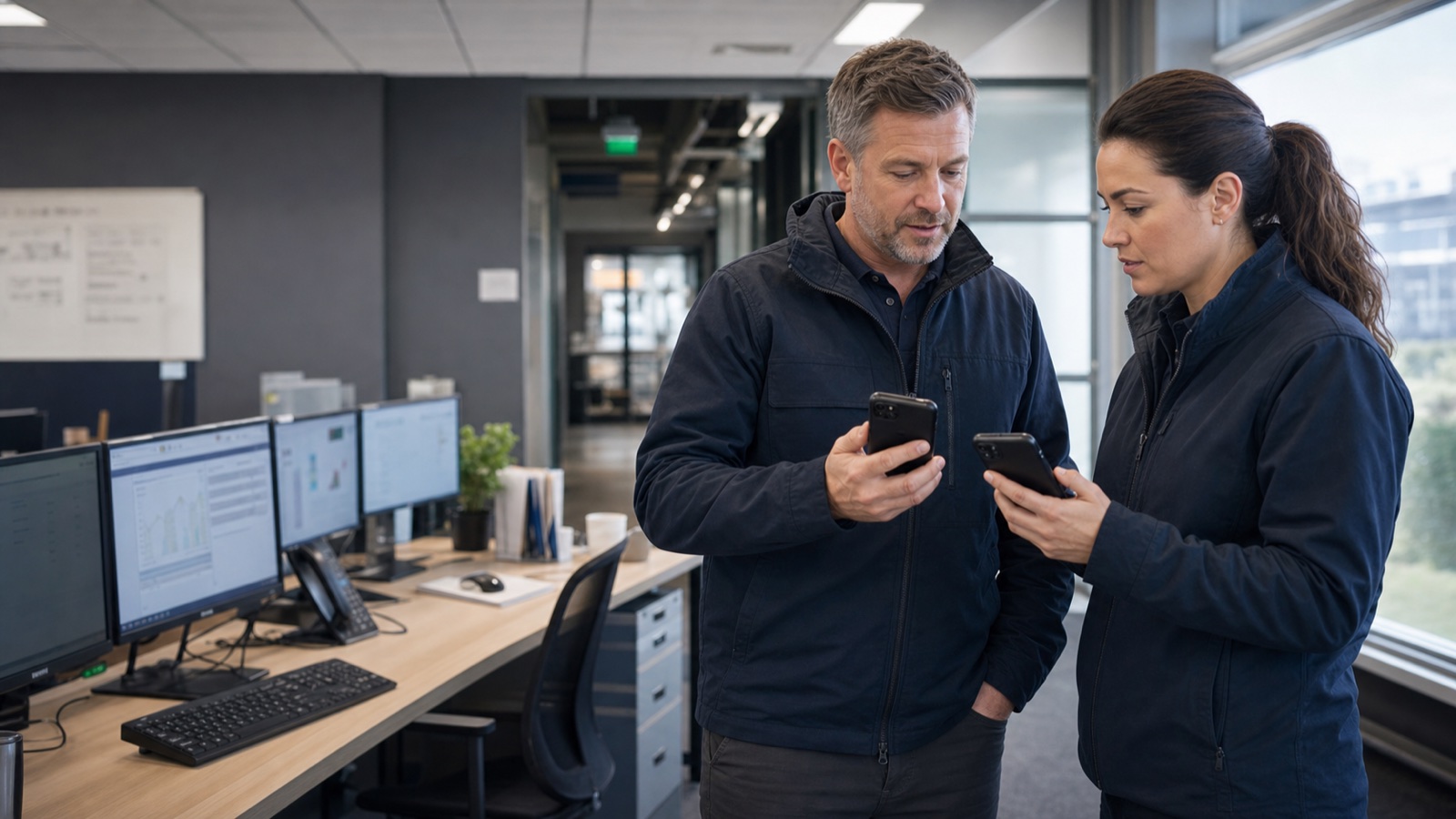 Facilities team coordinating across a campus operation with rugged Android PoC devices