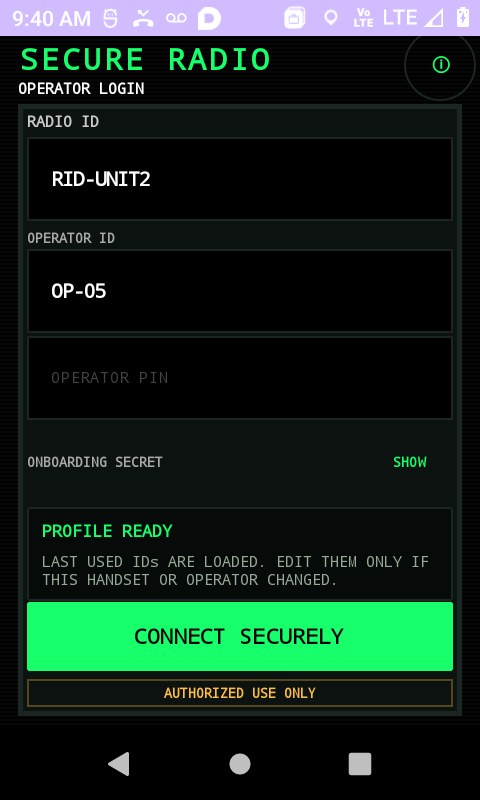 P60 secure operator login screen