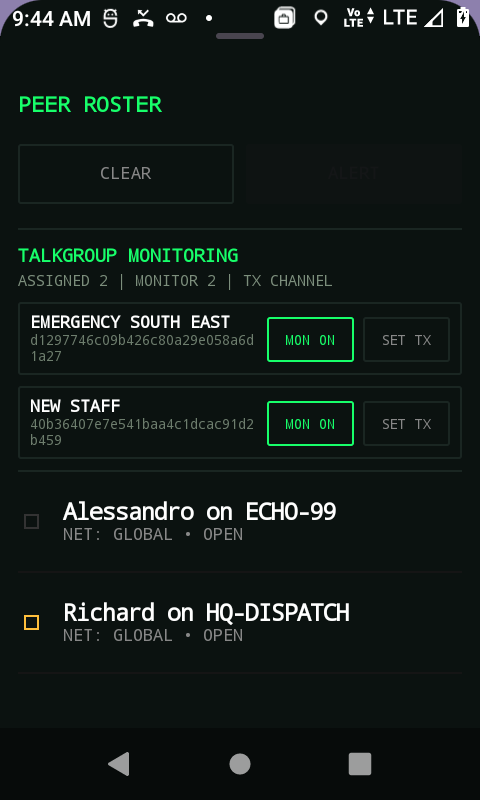 P60 roster and talkgroup monitoring screen